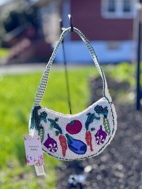 Beaded Garden Veggie Beaded Shoulder Bag - Cream & Green Gingham